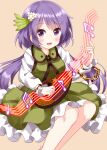  1girl :d bangs beamed_eighth_notes biwa_lute chain dress eighth_note eyebrows_visible_through_hair flower frilled_dress frills hair_flower hair_ornament highres instrument leaf long_hair long_sleeves looking_at_viewer lute_(instrument) music musical_note open_mouth playing_instrument purple_eyes purple_hair quarter_note ruu_(tksymkw) shirt simple_background smile solo star_(symbol) touhou tsukumo_benben white_flower yellow_background yellow_shirt 