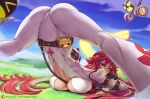  1girl arimatang arm_rest ass belt between_breasts blue_sky breasts brown_belt cleavage_cutout clothing_cutout feet_out_of_frame from_below grass green_eyes guilty_gear jack-o&#039;_challenge jack-o&#039;_valentine large_breasts long_hair looking_at_viewer looking_back meme outdoors pants red_hair shirt sky solo spread_legs strap_between_breasts thighs top-down_bottom-up white_pants white_shirt 