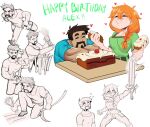  ! !! 1boy 1girl alex_(minecraft) ass_visible_through_thighs bird blush braid braided_ponytail breasts brown_hair bucket cake character_name chicken closed_eyes eating egg english_commentary eyebrows_visible_through_hair facial_hair farming food greyscale hair_between_eyes happy_birthday heart holding holding_cake holding_food holding_sword holding_weapon minecraft monochrome multiple_views muscular muscular_male mustache orange_hair pants partially_colored shirt short_sleeves simple_background smile steve_(minecraft) sweat sword table void_dot_exe weapon white_background 