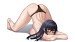  1girl banned_artist barefoot black-framed_eyewear black_hair breast_press breasts glasses hands_on_ground jack-o&#039;_challenge kkamja large_breasts long_hair looking_at_viewer meme original red_eyes shadow simple_background solo top-down_bottom-up topless white_background 