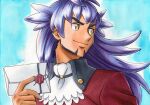  1boy bangs blue_background buttons closed_mouth commentary_request dark-skinned_male dark_skin envelope facial_hair floating_hair hand_up highres holding holding_envelope jabot leon_(pokemon) long_hair looking_to_the_side male_focus oka_mochi pokemon pokemon:_twilight_wings pokemon_(game) pokemon_swsh purple_hair smile solo traditional_media upper_body white_neckwear yellow_eyes 