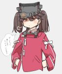  1girl =3 brown_eyes brown_hair grey_background hands_on_hips highres japanese_clothes kantai_collection kariginu looking_at_viewer namakura_neo ryuujou_(kancolle) simple_background solo translation_request twintails upper_body visor_cap 