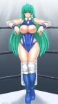  1girl absurdres aqua_eyes areolae artist_name blue_footwear blue_swimsuit blush boots breast_cutout breasts closed_mouth commission competition_swimsuit eyebrows_visible_through_hair full_body green_hair highres knee_boots kochiya_sanae large_breasts long_hair looking_at_viewer necktie nipples one-piece_swimsuit shetake signature smile solo sweat swimsuit touhou wide_hips yellow_neckwear 