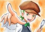  1boy :d black_vest bow bowtie brown_headwear cilan_(pokemon) commentary_request green_eyes green_hair green_neckwear hands_up hat highres holding_magnifying_glass long_sleeves male_focus no_sclera oka_mochi open_mouth orange_background pokemon pokemon_(anime) pokemon_bw_(anime) shirt short_hair smile solo tongue traditional_media upper_teeth vest white_shirt 