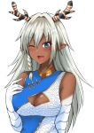  1girl blue_eyes braid breasts cleavage cleavage_cutout clothing_cutout dark-skinned_female dark_skin dragon_girl dragon_horns fang highres horns indie_virtual_youtuber large_breasts long_hair one_eye_closed open_mouth pointy_ears scales seiryuu_aoi side_braid silver_hair skin_fang smile solo upper_body v-shaped_eyebrows virtual_youtuber yano_toshinori 