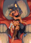  :d animal_ears anklet anubis armlet bandages bare_shoulders barefoot black_hair bracelet commission dark_skin done_(donezumi) fang flat_chest full_body gold heterochromia highres jewelry open_mouth original purple_eyes red_eyes short_hair sitting skeb_commission smile tail 