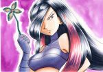  1girl bangs bare_shoulders black_hair breasts closed_mouth collarbone commentary_request eyelashes frown gloves hair_over_one_eye hand_up highres holding long_hair looking_down lucy_(pokemon) oka_mochi pinwheel pokemon pokemon_(game) pokemon_emerald pokemon_rse purple_background purple_gloves purple_shirt red_eyes red_hair shiny shiny_hair shirt solo traditional_media upper_body 
