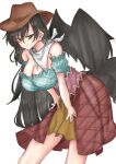  1girl absurdres bangs black_hair black_wings breasts brown_eyes brown_headwear cleavage closed_mouth cowboy_hat eyebrows_visible_through_hair hair_between_eyes hat highres kuraki kurokoma_saki large_breasts leaning_forward looking_at_viewer medium_hair multicolored multicolored_clothes off_shoulder pegasus_wings plaid simple_background solo standing touhou white_background white_bag wings 