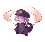  1boy black_coat boku_no_hero_academia chibi chikuwa_savy closed_mouth coat commentary_request frown full_body hair_over_one_eye hat long_sleeves male_focus peaked_cap purple_hair shiny shiny_hair shishikura_seiji short_hair simple_background solo white_background 
