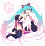  1girl :d animal_ears aqua_hair bare_shoulders black_footwear black_legwear black_skirt black_sleeves blue_eyes boots breasts cat_ear_headphones cat_ears collared_shirt commentary detached_sleeves fake_animal_ears full_body gradient_hair hakusai_(tiahszld) hand_up hatsune_miku headphones high_heel_boots high_heels long_hair long_sleeves looking_at_viewer multicolored_hair open_mouth pink_hair pink_neckwear pleated_skirt romaji_text shirt skirt sleeveless sleeveless_shirt small_breasts smile solo symbol-only_commentary thigh_boots thighhighs twintails very_long_hair vocaloid white_background white_shirt wide_sleeves 