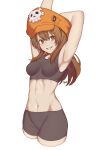  1girl armpits arms_up bike_shorts black_shorts black_sports_bra breasts brown_eyes brown_hair cropped_legs frenchvanillu grin groin guilty_gear guilty_gear_strive hat highres holding_own_arm may_(guilty_gear) medium_breasts medium_hair navel orange_headwear pirate_hat shorts skull_and_crossbones smile solo sports_bra stretch toned underwear underwear_only white_background 