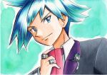  1boy adjusting_neckwear bangs black_jacket blue_eyes blue_hair closed_mouth collared_shirt commentary_request green_background grey_jacket highres jacket jewelry male_focus necktie oka_mochi pokemon pokemon_(game) pokemon_oras ring shirt short_hair smile solo spiked_hair steven_stone traditional_media upper_body white_shirt 