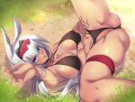  1girl animal_ears ass bangs bare_shoulders bikini black_bikini blue_eyes body_markings breasts caenis_(fate) caenis_(swimsuit_rider)_(fate) cleavage collarbone fate/grand_order fate_(series) goggles grass hairband highres large_breasts long_hair looking_at_viewer lying navel on_back open_mouth solo spread_legs swimsuit tajima_yoshikazu thighs very_long_hair white_hair 