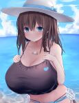  1girl absurdres bangs bare_shoulders beach bikini black_bikini blue_bikini blue_sky braid breasts brown_hair charlotte_corday_(fate) charlotte_corday_(swimsuit_caster)_(fate) cleavage collarbone fate/grand_order fate_(series) flower green_eyes hat highres huge_breasts jewelry looking_at_viewer mismatched_bikini necklace ocean pendant short_hair side_braid sky sun_hat swimsuit white_headwear yuuki_shuri 