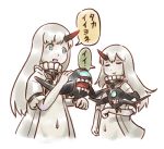  2girls abyssal_patrolling_attack_hawk blue_eyes escort_hime eyes_closed german_escort_hime horn kantai_collection karasu_(naoshow357) long_hair looking_at_another multiple_girls navel oni_horn revealing_clothes shinkaisei-kan simple_background translation_request white_background white_hair white_skin 
