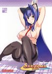  animal_ears arcana_heart areolae armpits arms_behind_head between_breasts blue_hair blush bra breasts brown_eyes cat_ears cover covered_nipples crotch_seam doujinshi hairband highres large_breasts long_hair necktie non-web_source panties panties_under_pantyhose pantyhose plaid pole pole_dancing sitting solo stripper stripper_pole takeda_hiromitsu thighband_pantyhose tsuzura_saki underwear underwear_only very_long_hair white_panties 