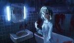  1girl bathroom bathtub blood blood_on_clothes blood_on_hands blood_on_wall closed_mouth collarbone dark_room dress expressionless green_eyes green_hair hand_up highres horror_(theme) litra_(ltr0312) long_sleeves looking_at_viewer mirror original red_pupils short_hair sink solo symbol-only_commentary tile_wall tiles white_dress 