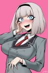  anna_nishikinomiya bangs black_choker black_hairband blazer blue_eyes blush breasts bright_pupils choker collared_shirt eyebrows_visible_through_hair fangs grey_jacket hairband hand_on_own_face heart heart-shaped_pupils j.k. jacket looking_at_viewer medium_breasts necktie open_mouth pink_background red_neckwear school_uniform shimoneta_to_iu_gainen_ga_sonzai_shinai_taikutsu_na_sekai shirt short_hair symbol-shaped_pupils tongue white_pupils white_shirt 