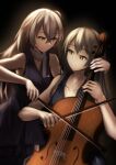  2girls blue_dress breasts brown_eyes brown_hair cello closed_mouth collarbone dress eyebrows_visible_through_hair girls&#039;_frontline grey_hair grey_scarf highres holding holding_instrument instrument lodbyy long_hair looking_at_another multiple_girls purple_dress scar scar_across_eye scarf side_ponytail simple_background smile ump40_(girls&#039;_frontline) ump45_(girls&#039;_frontline) yellow_eyes 