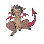  1:1 2021 anthro big_tail biped blush bovid bovine breasts broken_horn brown_body brown_fur cattle chest_tuft claws clothed clothing costume devil_costume digital_media_(artwork) fake_horns fake_wings featureless_breasts female fishnet fishnet_legwear flat_chested fur furgonomics grey_hair grey_horn hair hi_res hooves horn legwear lipstick makeup mammal manitka manitka_(character) nonbinary_(lore) orange_eyes panties red_clothing red_panties red_underwear simple_background sitting smile solo stockings tail_tuft tailwear thigh_highs topless tuft underwear white_background 