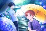  2boys black_hair black_pants blue_eyes brown_hair flower hair_over_one_eye holding holding_umbrella hydrangea jinnai_enta kappa keppi kuji_toi male_focus mesyoko multiple_boys outdoors pants purple_shirt rain sarazanmai shirt short_hair stairs striped striped_shirt umbrella yellow_umbrella 