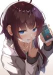  1girl absurdres ahoge blue_eyes blush brown_hair calling canizzz cellphone collarbone counter_side eyebrows_visible_through_hair finger_to_mouth highres hood hoodie korean_text long_sleeves looking_at_viewer phone shushing smartphone solo sweat white_background yang_harim 