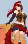  1girl bare_shoulders breasts closed_mouth elbow_gloves gloves green_eyes highres long_hair looking_at_viewer navel ponytail pyrrha_nikos red_hair rwby shousetsu simple_background solo thighhighs very_long_hair 