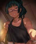  1girl absurdres bangs bare_shoulders black_tank_top blunt_bangs breasts cafekun ceiling collarbone come_hither commentary crop_top english_commentary foreshortening from_below glasses green_hair half-closed_eyes hand_up highres jujutsu_kaisen large_breasts looking_at_viewer no_bra parted_lips purple-framed_eyewear raised_eyebrows see-through_silhouette semi-rimless_eyewear sidelocks solo steaming_body tank_top underboob zen&#039;in_maki 