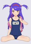  1girl :d aikatsu!_(series) aikatsu_stars! backpack bag bangs blue_hair blush brown_eyes copyright_request covered_navel flat_chest full_body grey_background hair_bobbles hair_ornament hairband hand_up highres kisaragi_tsubasa long_hair looking_at_viewer multicolored_hair name_tag one-piece_swimsuit open_mouth osame pink_bag purple_hair randoseru red_hairband school_swimsuit simple_background sitting smile solo streaked_hair sweat swept_bangs swimsuit two_side_up wariza 