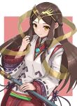  1girl absurdres brown_hair chest_jewel fan_la_norne gonzarez highres hime_cut japanese_clothes long_hair solo staff xenoblade_chronicles_(series) xenoblade_chronicles_2 xenoblade_chronicles_2:_torna_-_the_golden_country yellow_eyes 