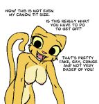  2021 anthro bethesda_softworks black_eyes breaking_the_fourth_wall breasts english_text felid female filthypally fur humor katia_managan khajiit low_res mammal mocking nipples prequel simple_background solo text the_elder_scrolls video_games webcomic white_background yellow_body yellow_fur yellow_sclera 