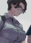  1girl absurdres blood blood_on_clothes blood_on_face breasts brown_hair closed_mouth collared_shirt commentary glasses grey_background highres holding huge_filesize katsuoboshi large_breasts original purple_eyes shirt short_hair simple_background solo walkie-talkie 