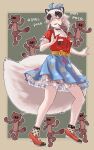  1girl absurdres animal_ears black_neckwear blue_bow blue_eyes blue_skirt bow brown_hair choker commentary_request dancing earrings extra_ears eyebrows_visible_through_hair floral_print frilled_skirt frills grey_hair hair_bow highres inugami_gyoubu_(kemono_friends) jewelry kemono_friends kemono_friends_3 mary_janes multicolored_hair petticoat polka_dot polka_dot_legwear print_skirt raccoon_ears raccoon_girl raccoon_tail red_footwear red_shirt shirt shoes short_hair short_sleeves skirt socks solo t-shirt tail toriny two-tone_hair yellow_belt 
