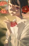  1girl bangs blurry blurry_background branch brown_hair closed_mouth commentary english_commentary eyebrows_behind_hair flat_chest flower hair_bun hair_flower hair_ornament hand_up head_tilt highres holding holding_branch japanese_clothes kimono litra_(ltr0312) looking_at_viewer original pink_eyes portrait red_flower shadow smile solo upper_body white_kimono 