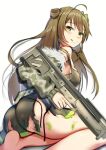  1girl ass battle_rifle black_shirt blush bow bullpup camouflage camouflage_jacket closed_mouth double_bun eyebrows_visible_through_hair feet fur-trimmed_jacket fur_trim girls&#039;_frontline green_eyes gun hair_bow highres holding holding_weapon jacket jacket_pull kel-tec_rfb legs light_brown_hair lodbyy long_hair looking_at_viewer looking_to_the_side no_shoes rfb_(girls&#039;_frontline) rifle shirt sitting smile soles solo thighs tongue tongue_out torn_clothes weapon white_background 