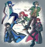  1girl 4boys animal_on_shoulder aqua_vest axia_krone black_cloak black_footwear black_gloves black_jacket blazer blue_hair blue_neckwear boots brown_hair character_name cloak coat collared_shirt eden_(nijisanji) eyebrows_visible_through_hair fingerless_gloves gloves green_jacket grey_shirt hair_over_one_eye hands_in_pockets highres jacket labcoat lain_paterson lauren_iroas leos_vincent mameneko_(leos_vincent) mole mole_under_eye multiple_boys necktie nijisanji oliver_evans one_eye_closed pointing pointing_up red_hair shirt smile usual_(usual_1200) v v-shaped_eyebrows virtual_youtuber white_coat white_shirt yellow_neckwear 
