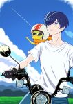  1boy absurdres black_gloves blue_eyes blue_hair blue_sky cloud day denim freckles gloves ground_vehicle hair_over_one_eye helmet highres jeans jinnai_enta kappa kuji_toi male_focus mesyoko motor_vehicle motorcycle orange_scarf outdoors pants pointing sarazanmai scarf shirt short_hair short_sleeves sky sunglasses t-shirt white_shirt 