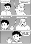  anthro black_and_white bodily_fluids canid canine clothed clothing comic duo french_text gesture hair hi_res human male male/male mammal monochrome muskie nude overweight overweight_anthro pointing ponytail raccoon_dog sad species_transformation tanuki tears text thinking tolok transformation translation_request 