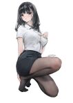  1girl absurdres black_hair black_legwear black_skirt breasts button_gap collared_shirt commentary_request eyebrows_visible_through_hair full_body hand_up highres kioroshin large_breasts legs long_hair looking_at_viewer office_lady original pantyhose parted_lips pencil_skirt shirt shirt_tucked_in short_sleeves signature simple_background skirt solo squatting white_background white_shirt 