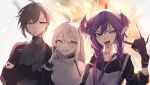  1boy 2girls :o \m/ black_cardigan black_sweater blue_eyes brown_hair cardigan cloak collarbone crossed_arms explosion grey_eyes hair_ribbon head_wings heterochromia highres kanae_(nijisanji) lanyard mole mole_under_eye multiple_girls nijisanji nijisanji_en okyurita purple_eyes purple_hair qualia_qu re:act ribbon selen_tatsuki smile sweater tied_hair tongue tongue_out v-shaped_eyebrows virtual_youtuber white_cloak white_hair yellow_eyes 