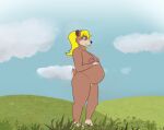  4_fingers 4_toes absurd_res anthro areola barefoot belly big_areola big_belly big_breasts black_nose blonde_hair breasts brown_bear brown_body brown_fur cheek_tuft cloud cloudscape detan eyelashes facial_tuft feet female field fingers fur grass hair hand_on_stomach hi_res hill inverted_nipples mammal margaret_bodark nipples nude pigtails pink_eyes plant pregnant pregnant_female pubes sky small_tail smile solo space_cyan tan_body tan_fur toes tuft ursid ursine 