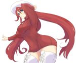  1girl aty_(summon_night) beret blue_eyes breasts closed_mouth dress hat long_hair looking_at_viewer panties red_hair shousetsu simple_background smile solo summon_night summon_night_3 sweater thighhighs underwear white_background white_legwear white_panties 