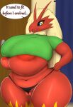  2021 anthro areola belly big_areola big_breasts blaziken blue_eyes breasts clothed clothing curvy_figure dialogue english_text female front_view genitals hi_res huge_breasts huge_thighs ineffective_clothing inside navel nintendo nipples_through_clothes pandashorts panties partially_clothed pok&eacute;mon pok&eacute;mon_(species) pussy pussy_floss red_body shirt slightly_chubby solo speech_bubble standing text thick_thighs tight_clothing topwear underwear video_games voluptuous yellow_sclera 