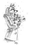  2013 anthro bethany_oakwood canid canine chakona_space clothed clothing female fox fur gift greyscale hair heather_bruton mammal monochrome sketch smile snow solo 