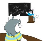  anthro canid canine chalkboard clothed clothing felid feline fur hair mammal open_mouth simple_background student teacher teacher_and_student tem temmie_(undertale) text topwear undertale video_games white_body white_fur 