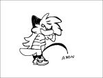  4:3 anthro black_and_white black_border bodily_fluids border calvin_(calvin_and_hobbes) calvin_and_hobbes canid canine cheek_tuft clothed clothing digital_media_(artwork) english_text facial_tuft female fox fur hair mammal monochrome pattern_clothing pattern_shirt pattern_topwear peeing pepper_(sketchytoasty) red_fox shirt sketchytoasty smile smirk solo striped_clothing striped_shirt striped_topwear stripes style_parody text topwear tuft 