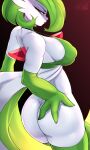  3:5 absurd_res big_breasts bottomless breasts butt clothed clothing faejunkie female gardevoir glare hi_res humanoid legwear looking_at_viewer looking_back muscular nintendo pok&eacute;mon pok&eacute;mon_(species) side_boob signature simple_background solo thigh_highs video_games 