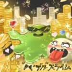  &lt;3 &lt;3_eyes 1:1 alcohol bag beverage blush bubble_slime coin dragon_quest eyewear female gold_body gold_golem_(dragon_quest) goo_creature goodybag green_body green_skin group jamesjoji japanese_text money square_enix sunglasses text tongue tongue_out translated video_games wine wine_glass 