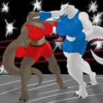  1:1 angrypotato96 anthro boxing_gloves breasts clothing dinosaur duo female fighting_ring handwear hi_res indominus_rex jurassic_park jurassic_world muscular muscular_female reptile scalie spinosaurid spinosaurus theropod universal_studios 