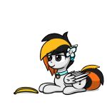  1:1 accessory anthro banana black_hair collar cutie_mark equid equine female flower flower_in_hair folded_wings food fruit fur grey_body grey_fur hair hair_accessory hasbro hi_res looking_away lying mammal mayday my_little_pony on_front orange_hair pegasus plant simple_background sitting solo vadytwy white_background wings 